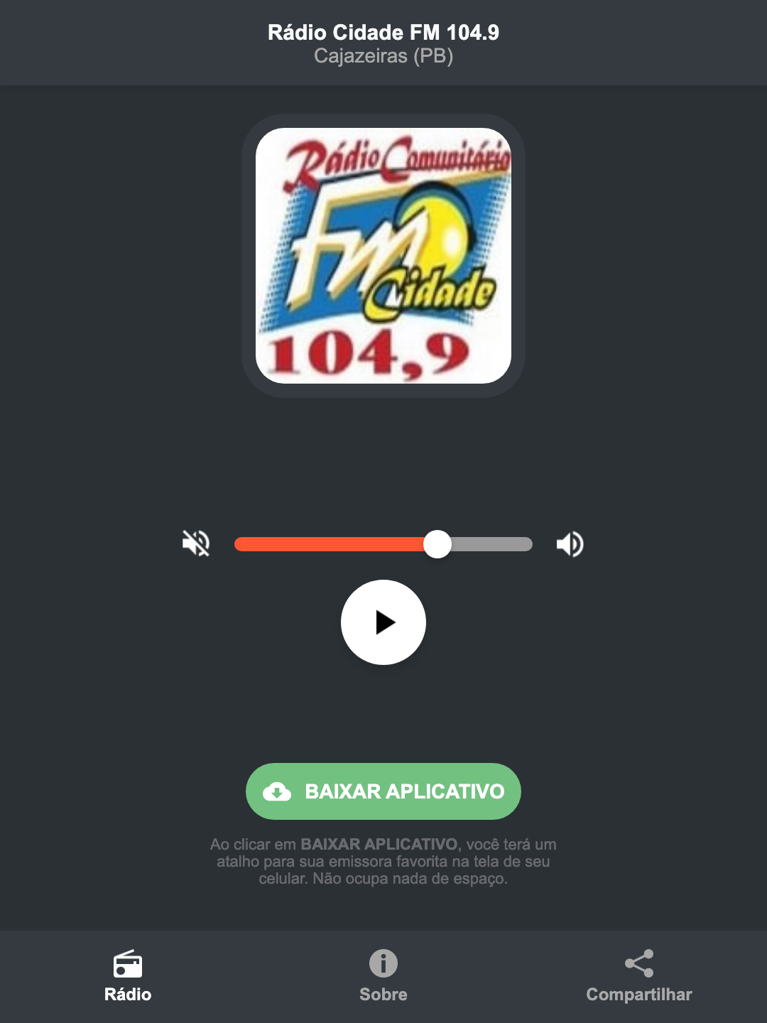 Screenshot do aplicativo da Rádio Cidade FM 104.9