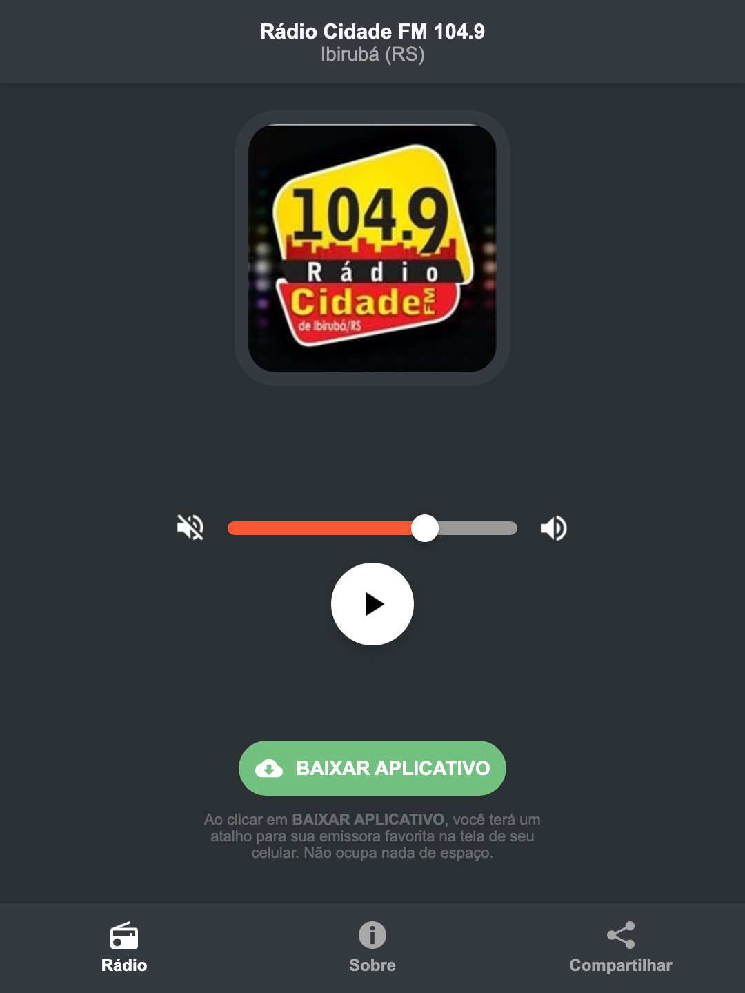 Screenshot do aplicativo da Rádio Cidade FM 104.9
