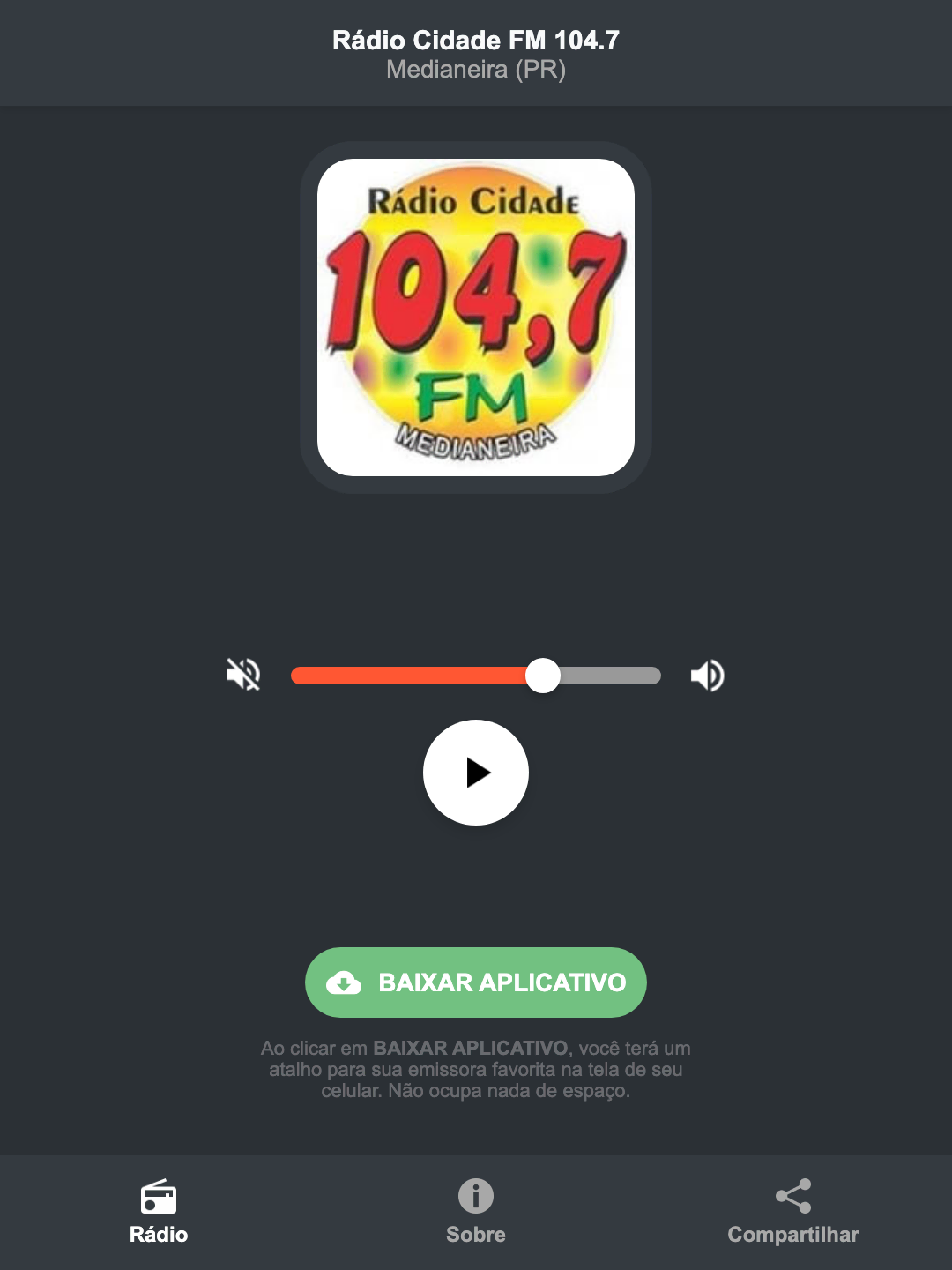 Screenshot do aplicativo da Rádio Cidade FM 104.7