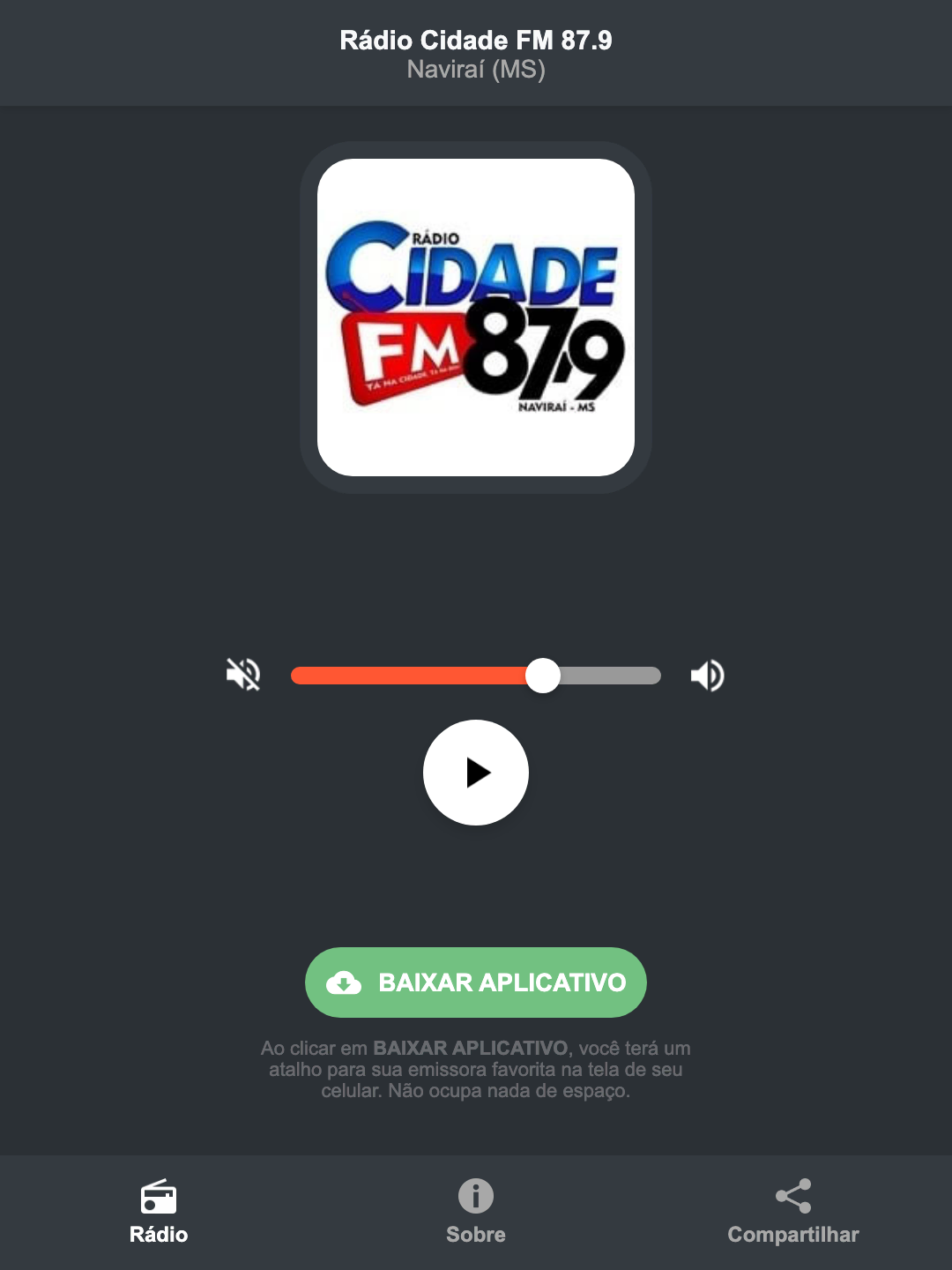Screenshot do aplicativo da Rádio Cidade FM 87.9