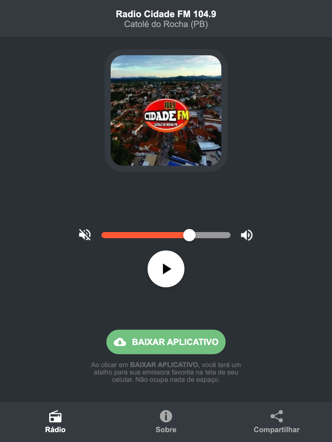 Screenshot do aplicativo da Radio Cidade FM 104.9