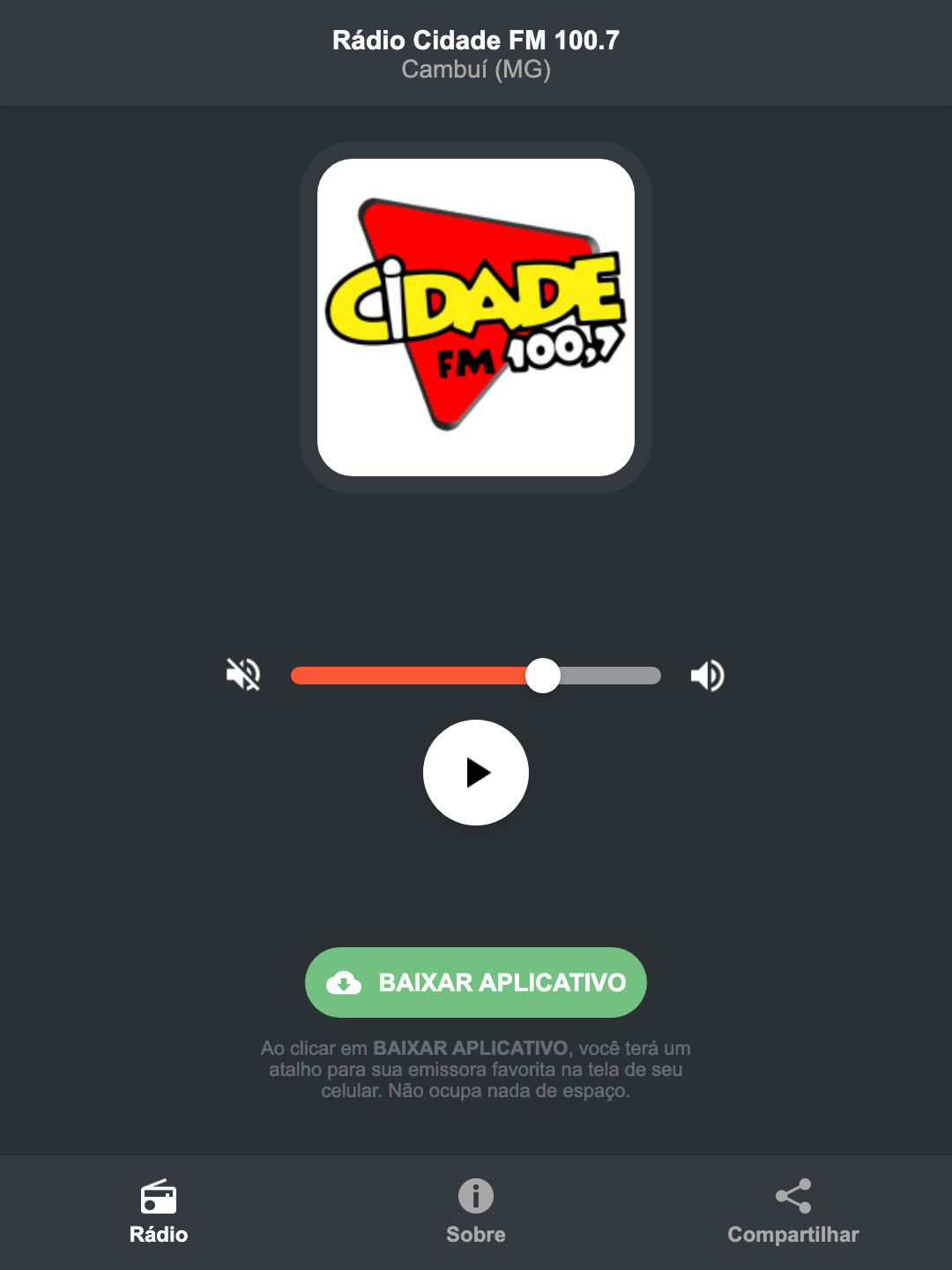 Screenshot do aplicativo da Rádio Cidade FM 100.7