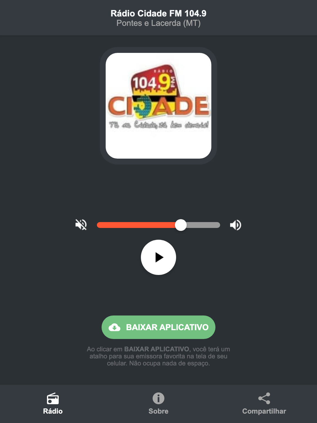 Screenshot do aplicativo da Rádio Cidade FM 104.9
