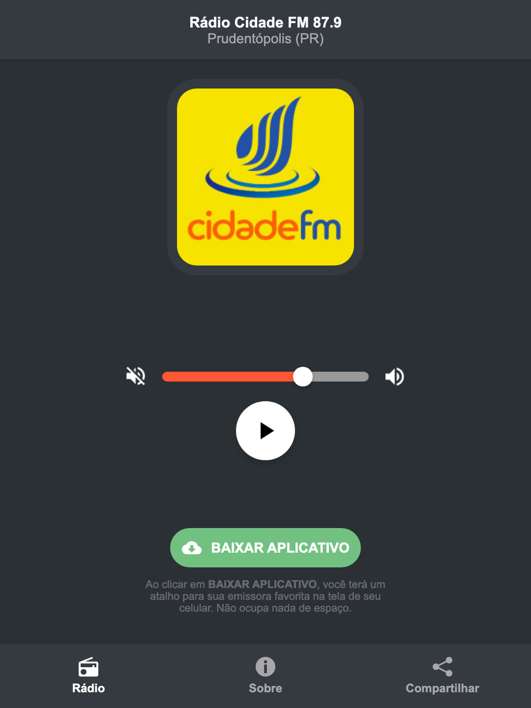 Screenshot do aplicativo da Rádio Cidade FM 87.9