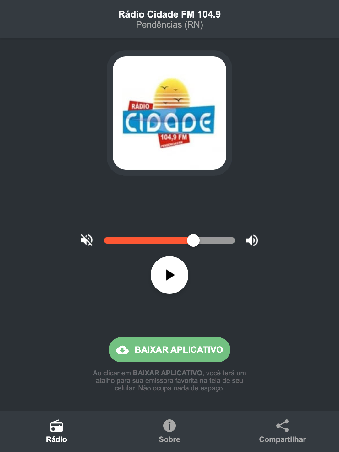 Screenshot do aplicativo da Rádio Cidade FM 104.9