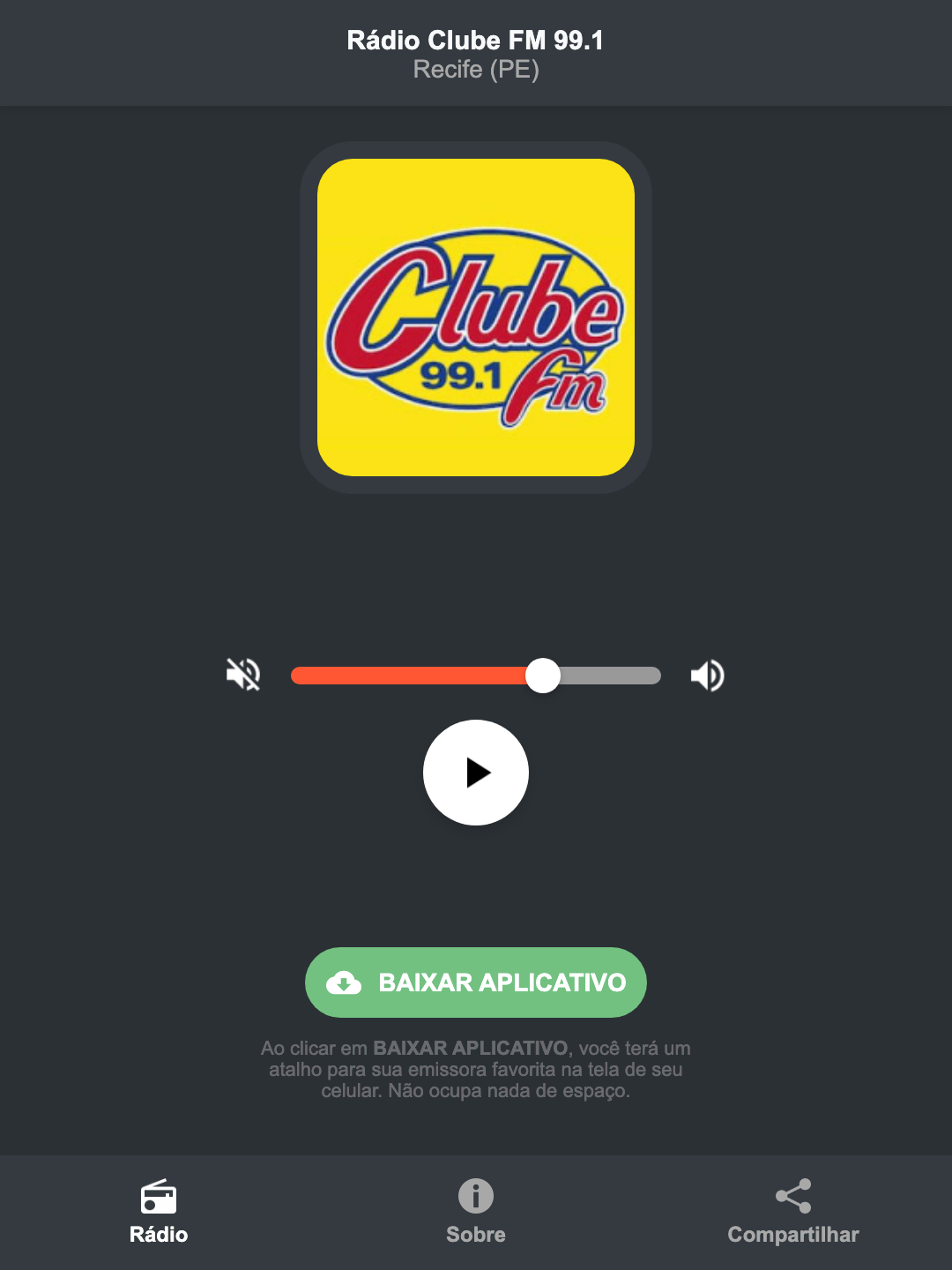 Screenshot do aplicativo da Rádio Clube FM 99.1