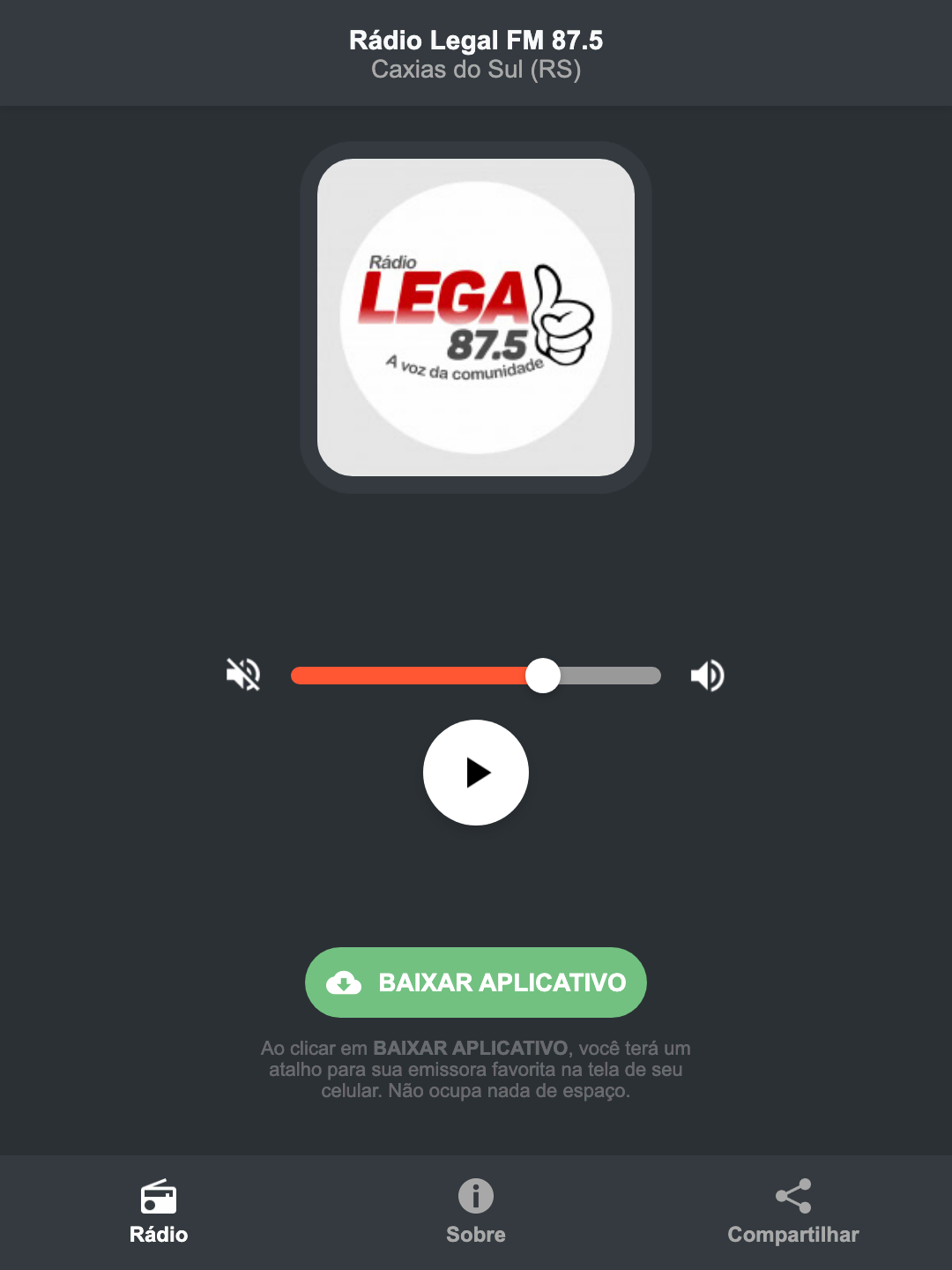 Screenshot do aplicativo da Rádio Legal FM 87.5