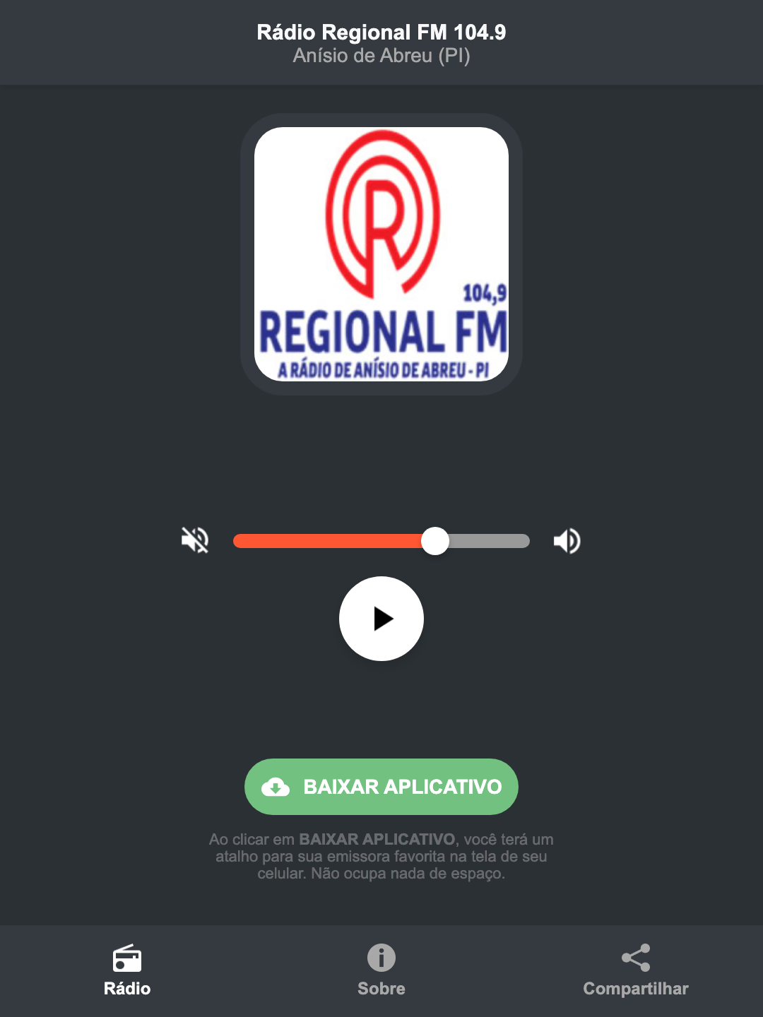 Screenshot do aplicativo da Rádio Regional FM 104.9