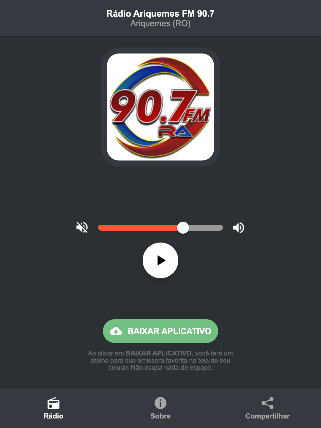 Screenshot do aplicativo da Rádio Ariquemes FM 90.7
