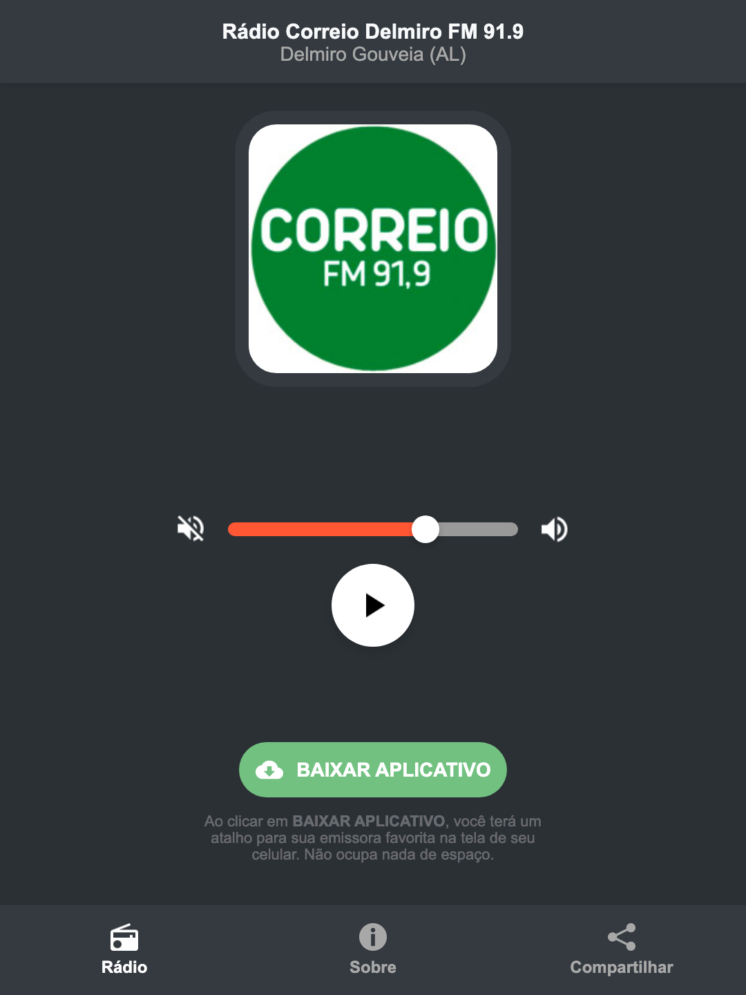 Screenshot do aplicativo da Rádio Correio Delmiro FM 91.9