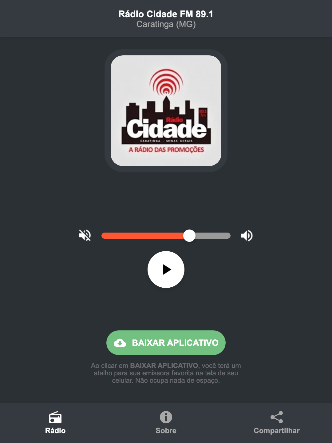 Screenshot do aplicativo da Rádio Cidade FM 89.1