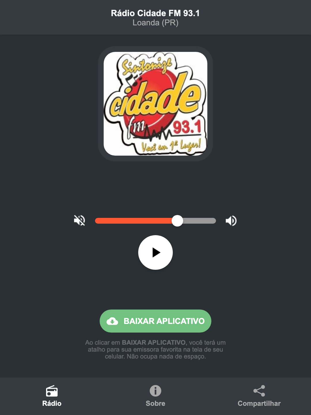 Screenshot do aplicativo da Rádio Cidade FM 93.1