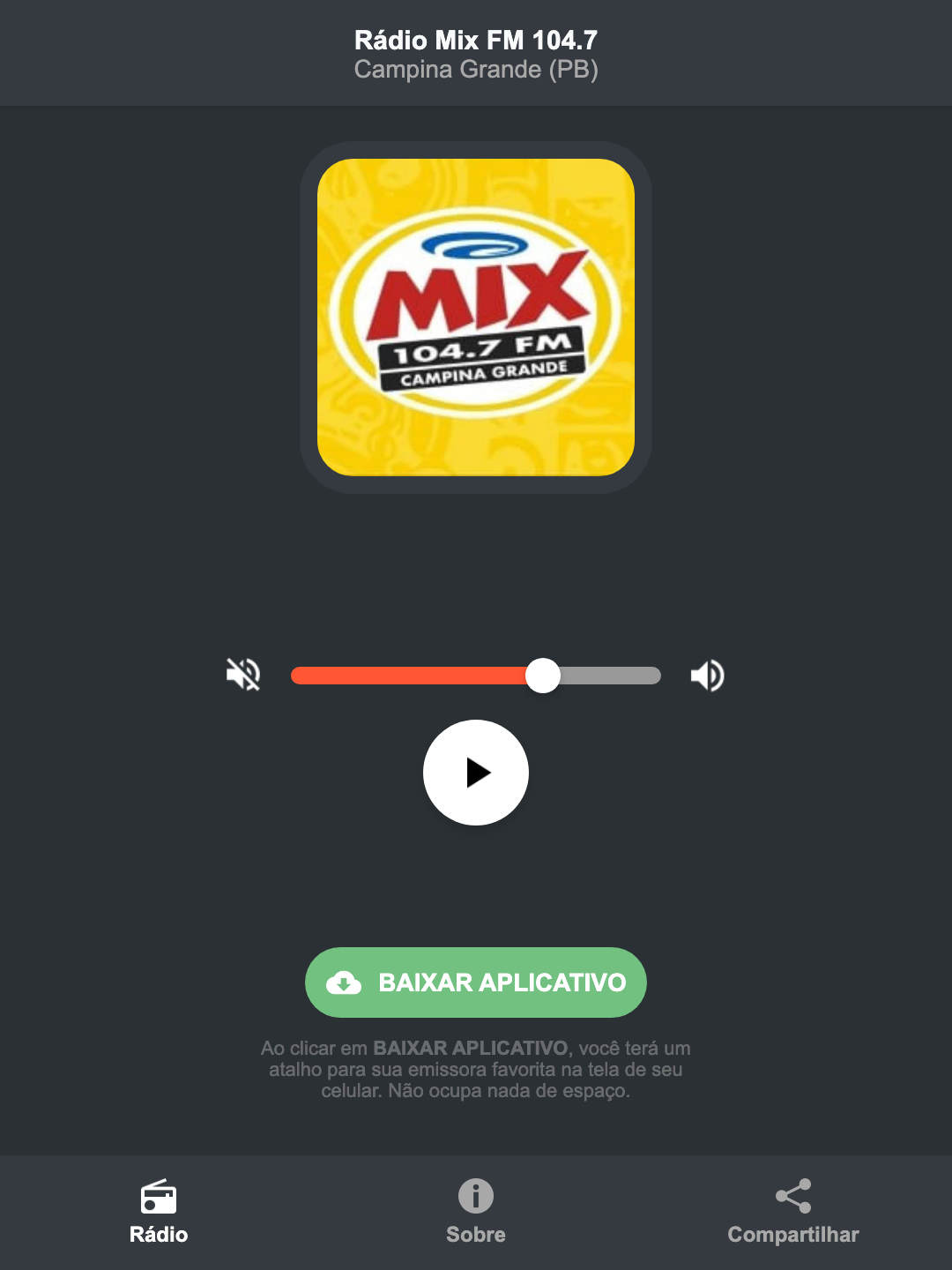 Screenshot do aplicativo da Rádio Mix FM 104.7