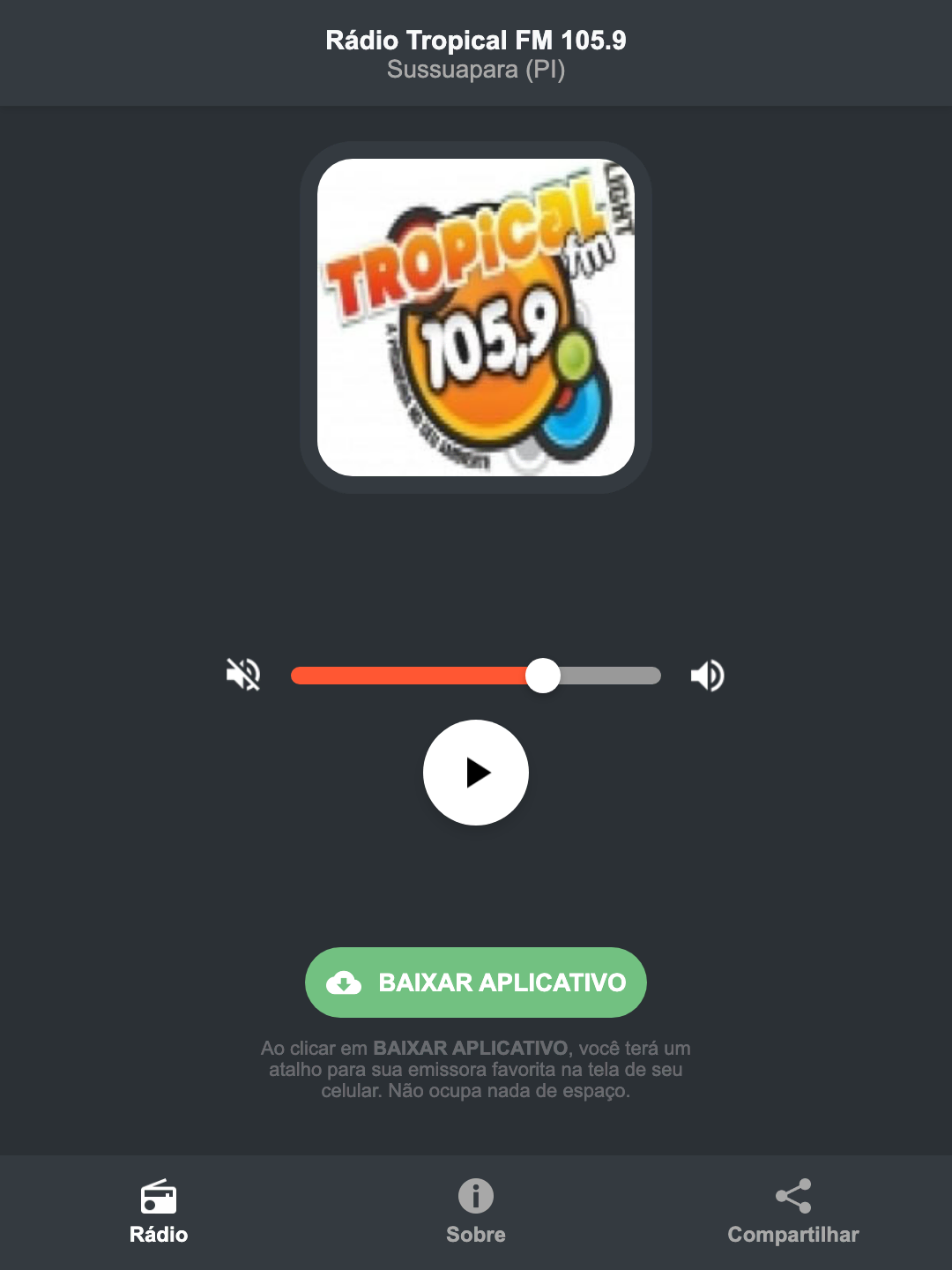 Screenshot do aplicativo da Rádio Tropical FM 105.9