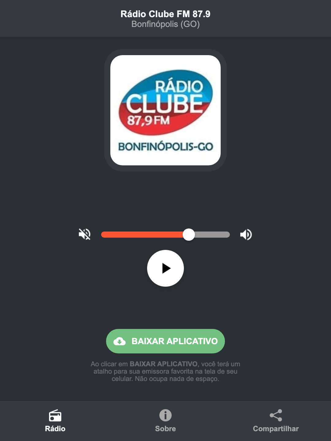Screenshot do aplicativo da Rádio Clube FM 87.9