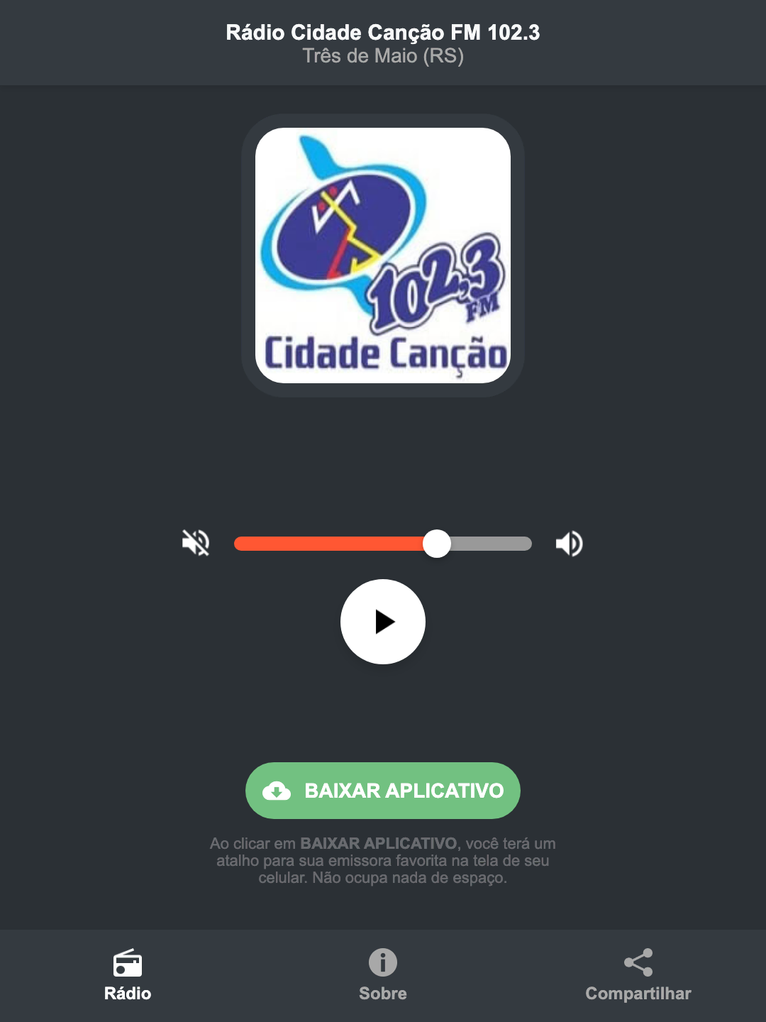 Screenshot do aplicativo da Rádio Cidade Canção FM 102.3