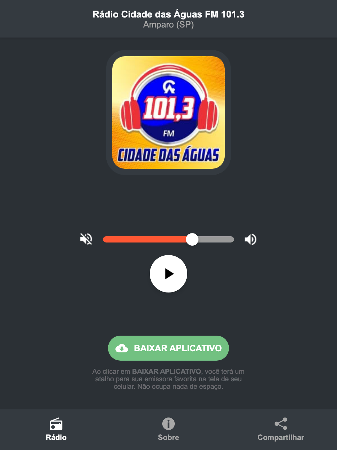 Screenshot do aplicativo da Rádio Cidade das Águas FM 101.3
