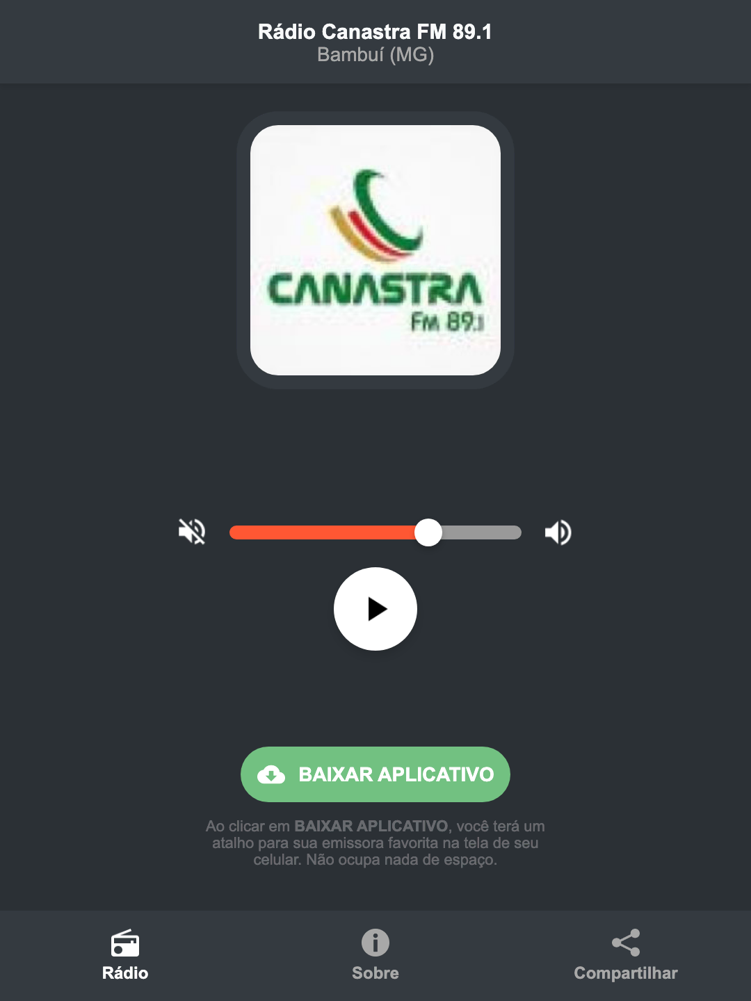 Screenshot do aplicativo da Rádio Canastra FM 89.1