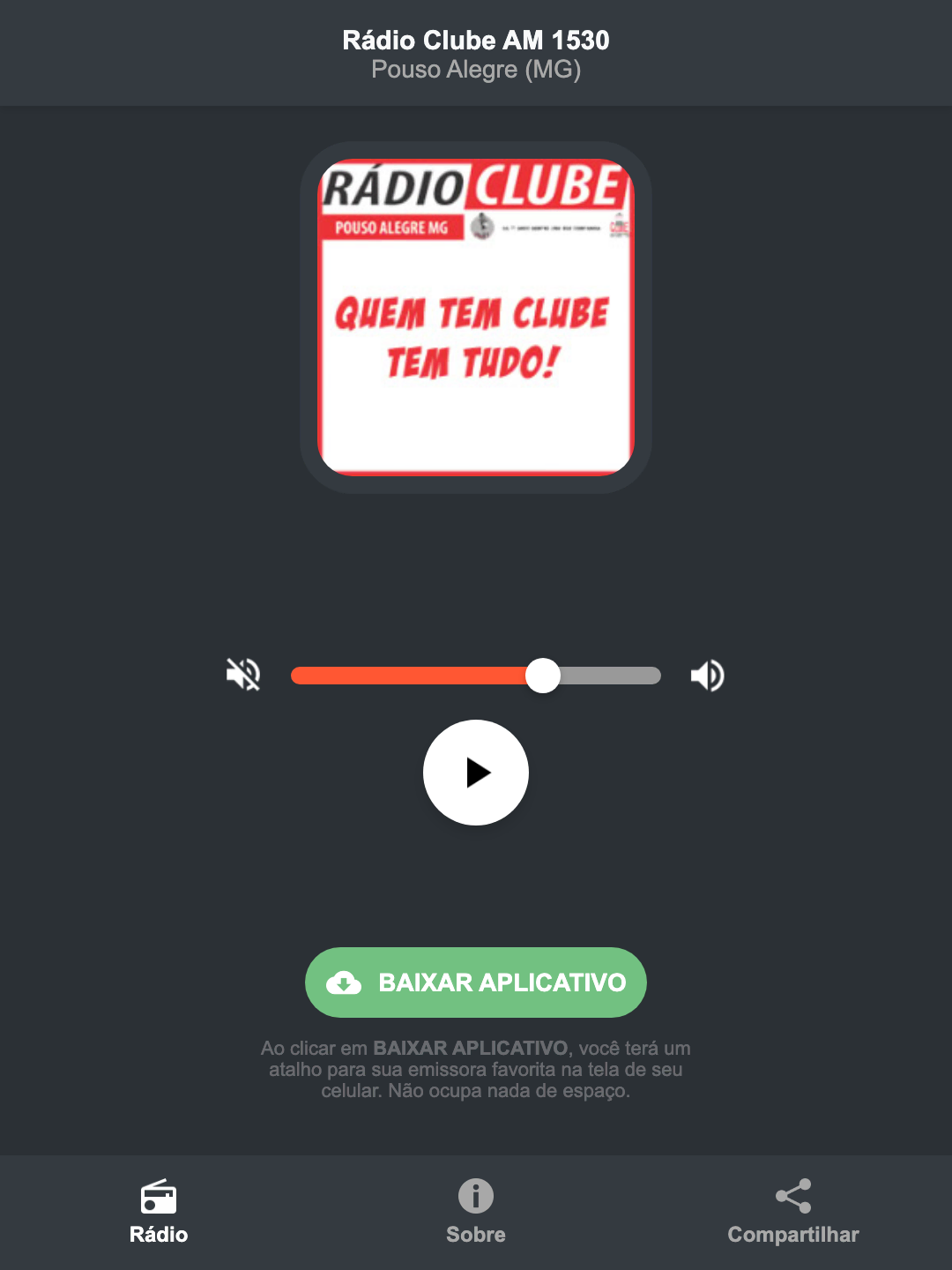 Screenshot do aplicativo da Rádio Clube AM 1530