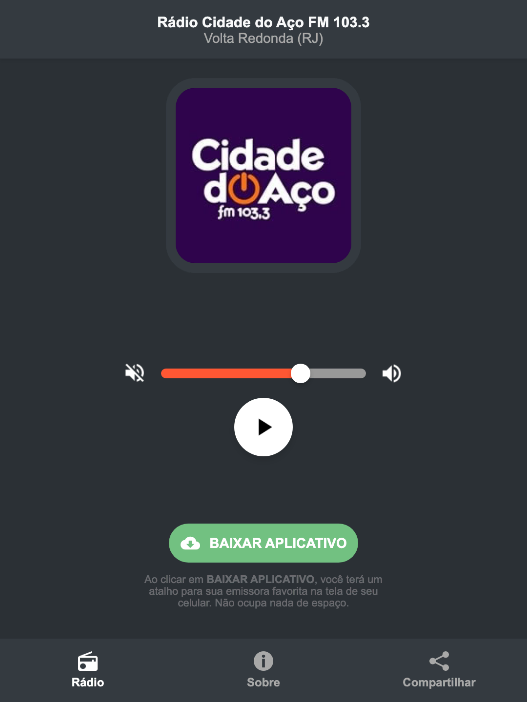 Screenshot do aplicativo da Rádio Cidade do Aço FM 103.3