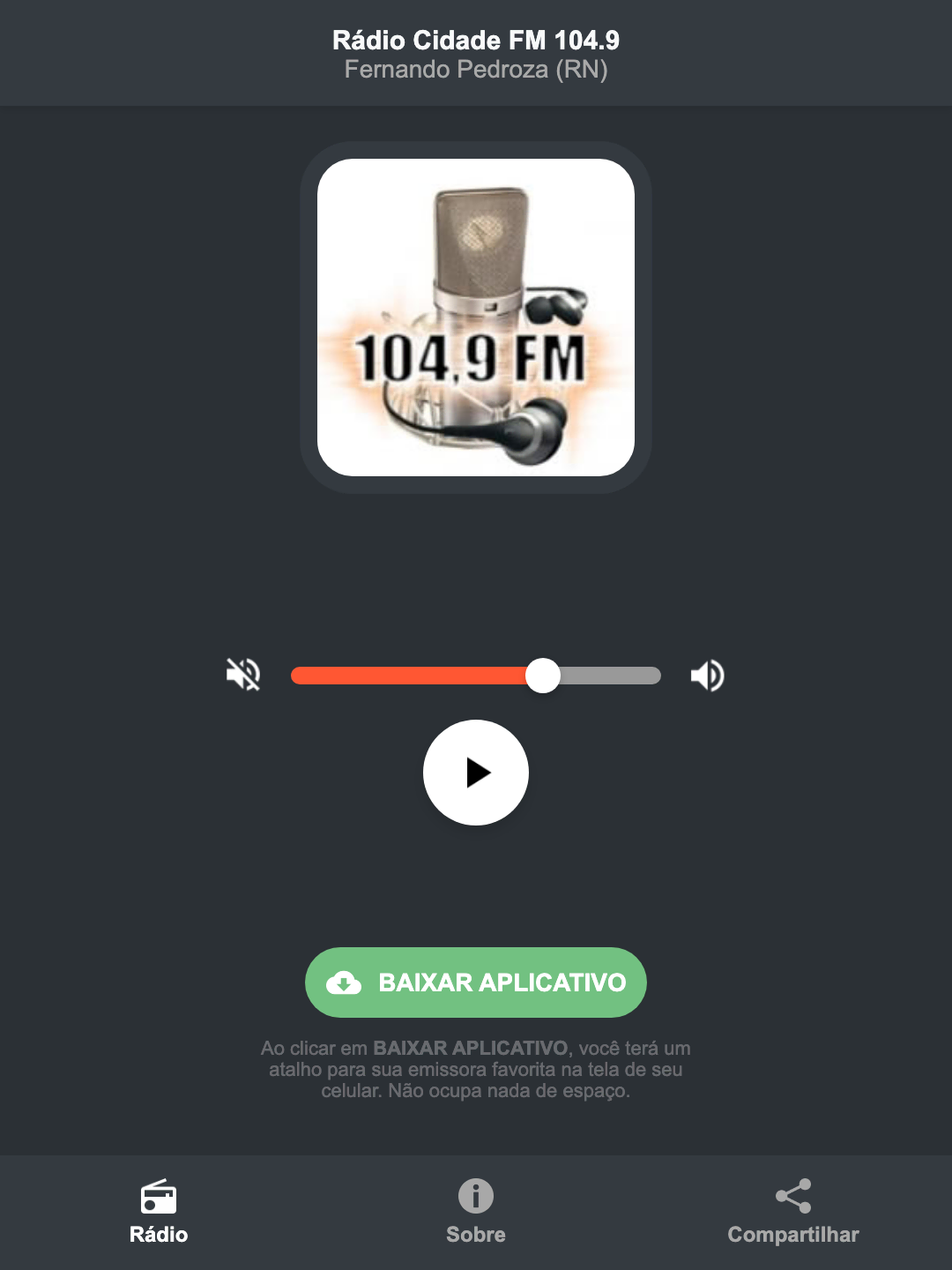 Screenshot do aplicativo da Rádio Cidade FM 104.9