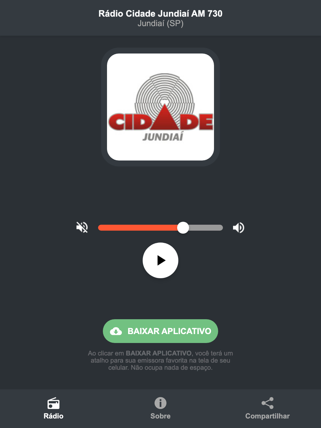 Screenshot do aplicativo da Rádio Cidade Jundiaí AM 730