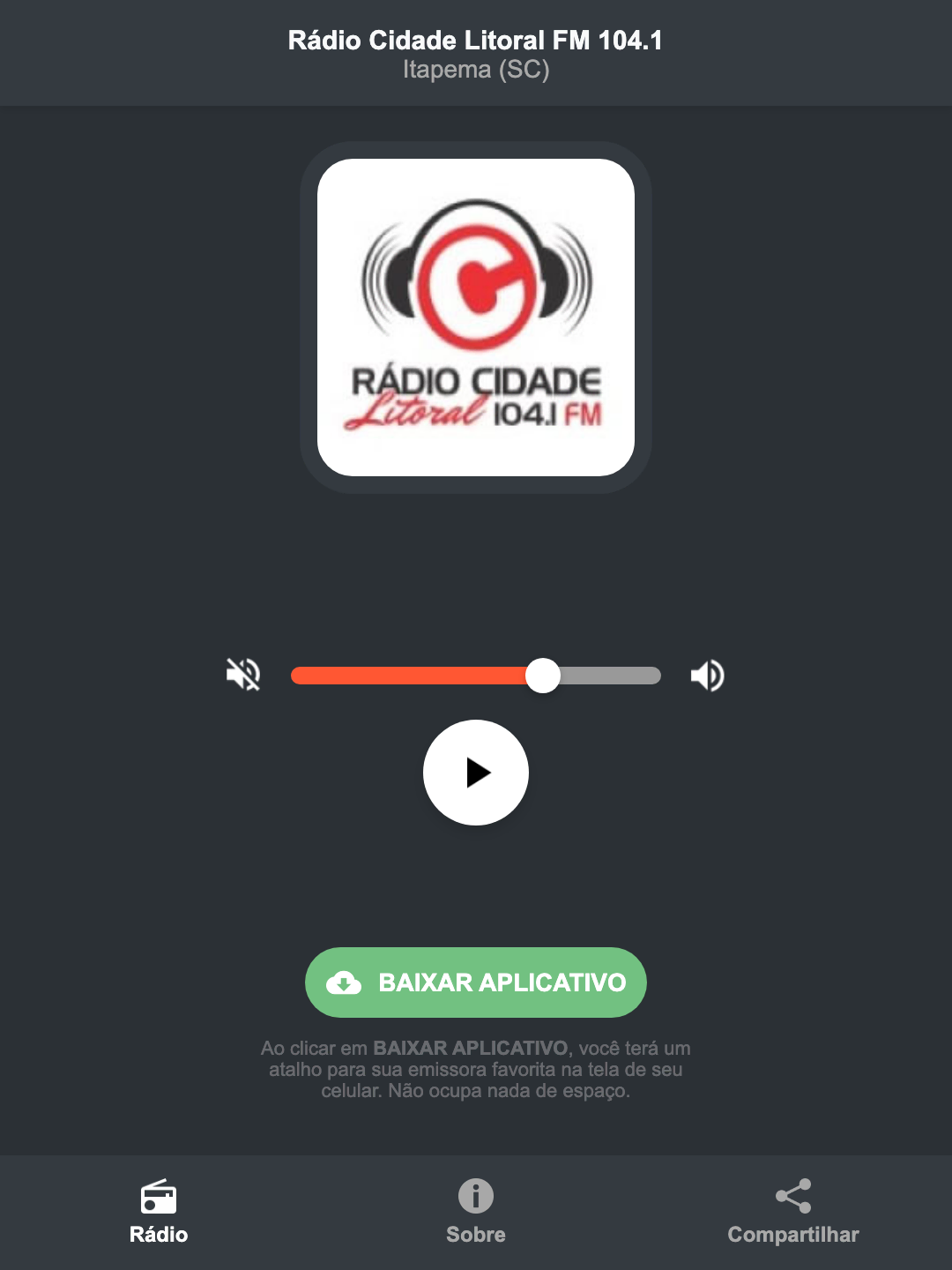 Screenshot do aplicativo da Rádio Cidade Litoral FM 104.1