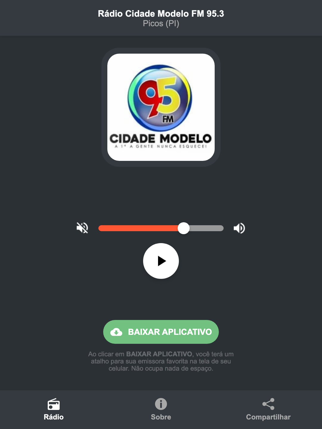 Screenshot do aplicativo da Rádio Cidade Modelo FM 95.3
