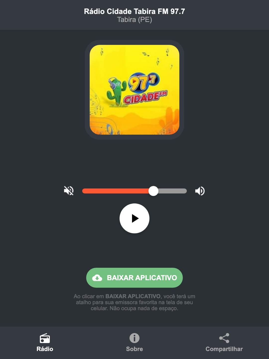 Screenshot do aplicativo da Rádio Cidade Tabira FM 97.7