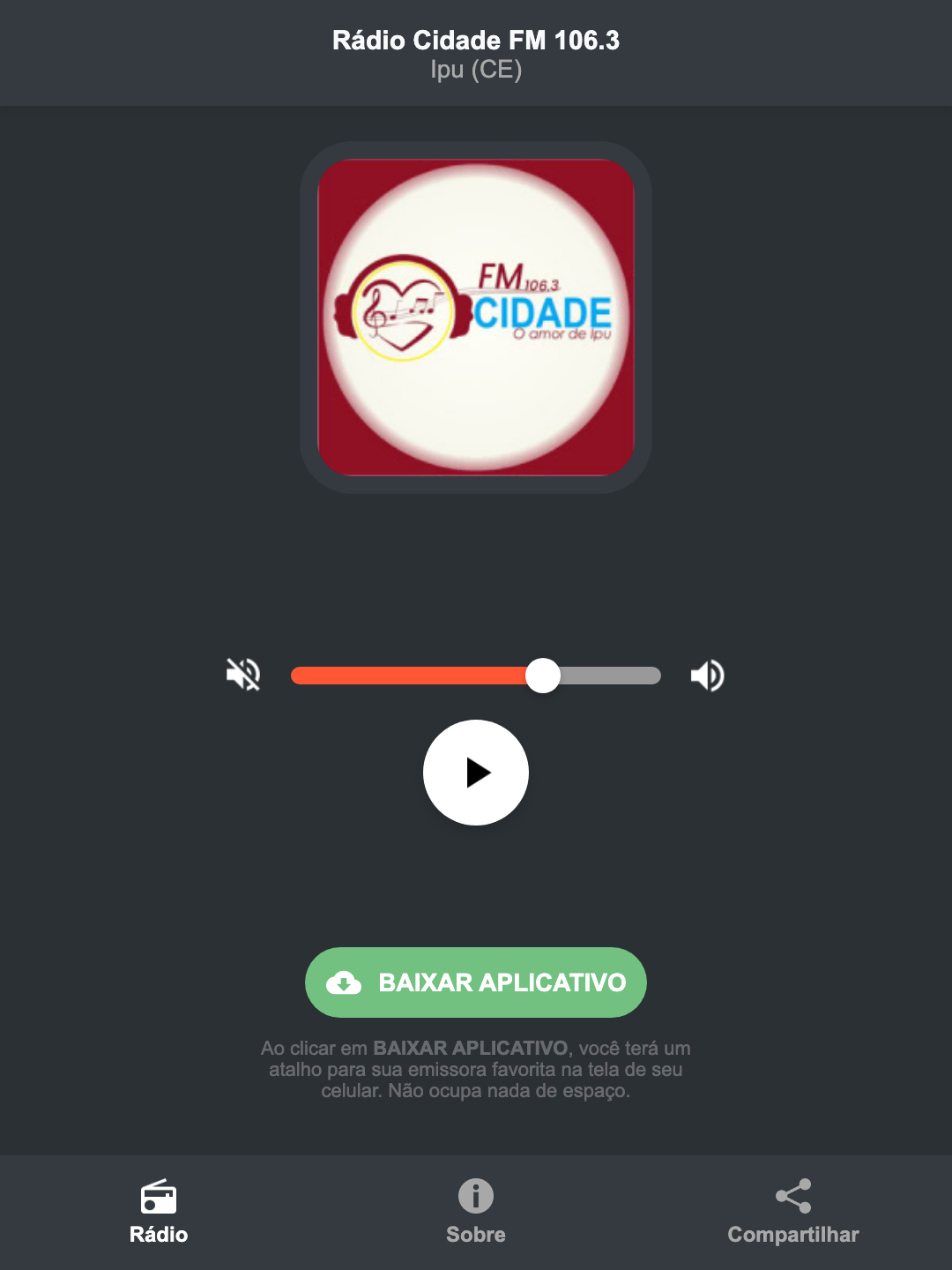 Screenshot do aplicativo da Rádio Cidade FM 106.3