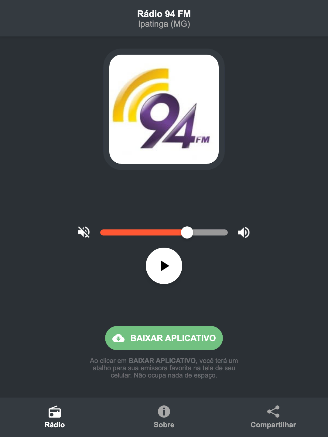 Screenshot do aplicativo da Rádio 94 FM