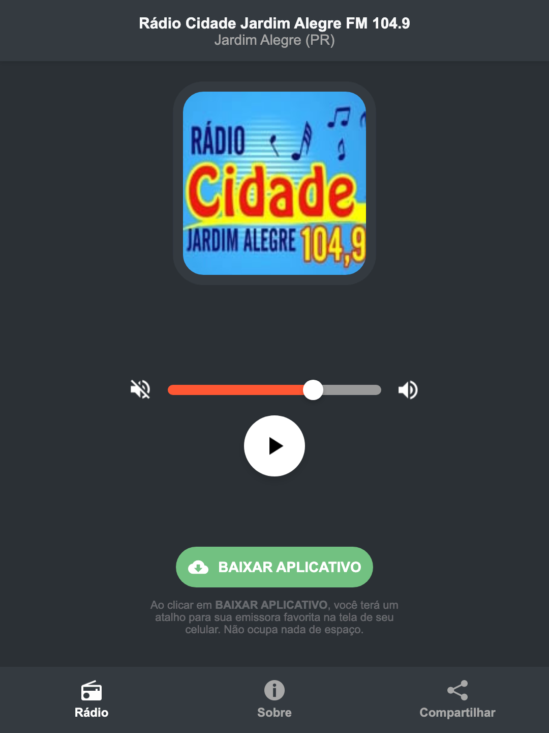 Screenshot do aplicativo da Rádio Cidade Jardim Alegre FM 104.9