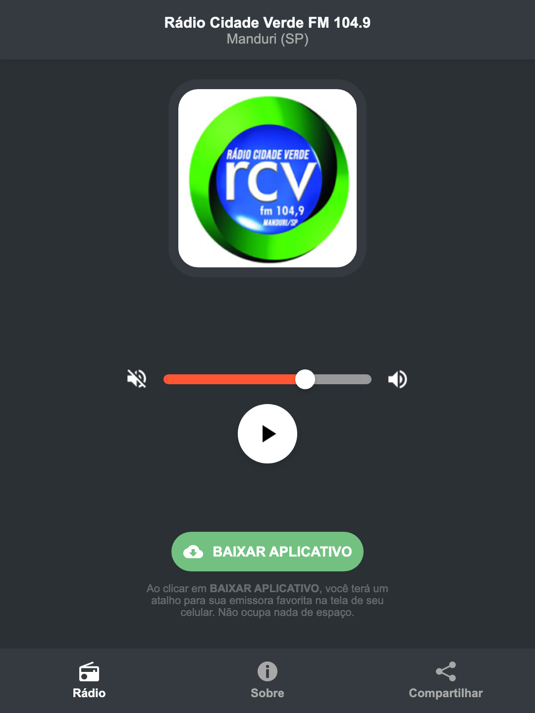 Screenshot do aplicativo da Rádio Cidade Verde FM 104.9