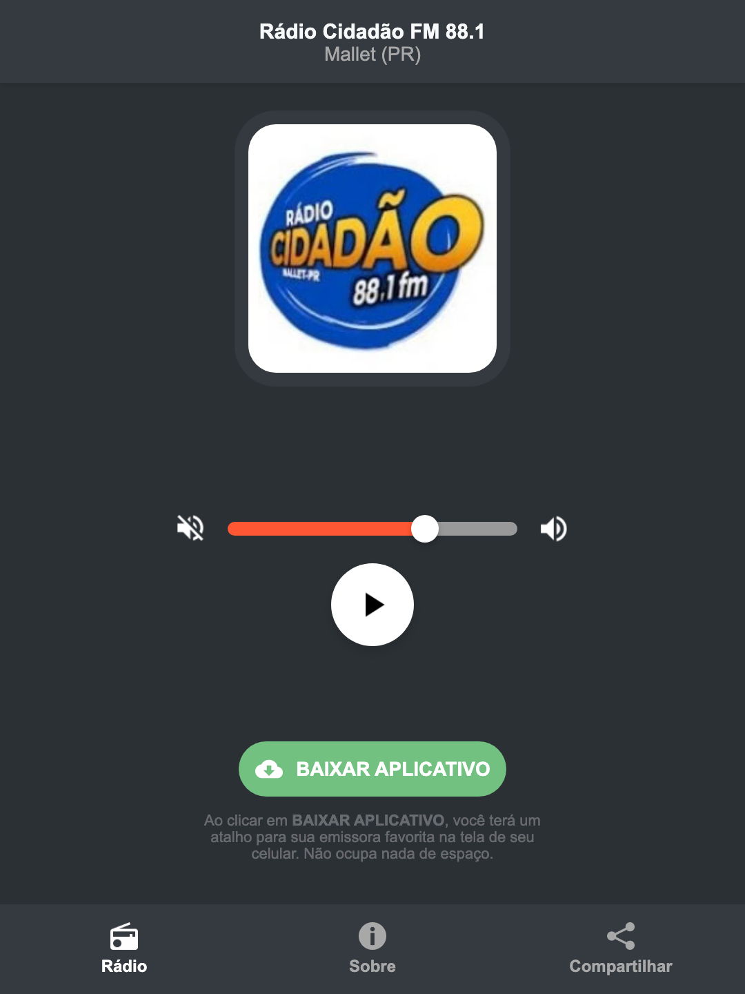 Screenshot do aplicativo da Rádio Cidadão FM 88.1