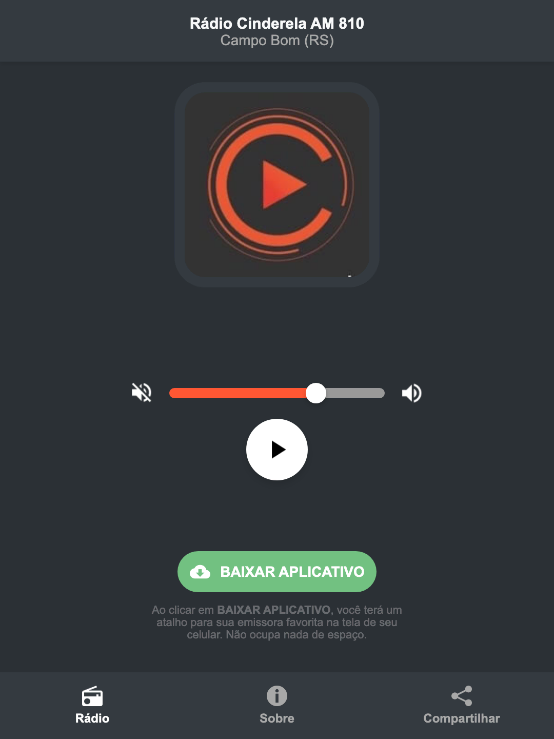 Screenshot do aplicativo da Rádio Cinderela AM 810