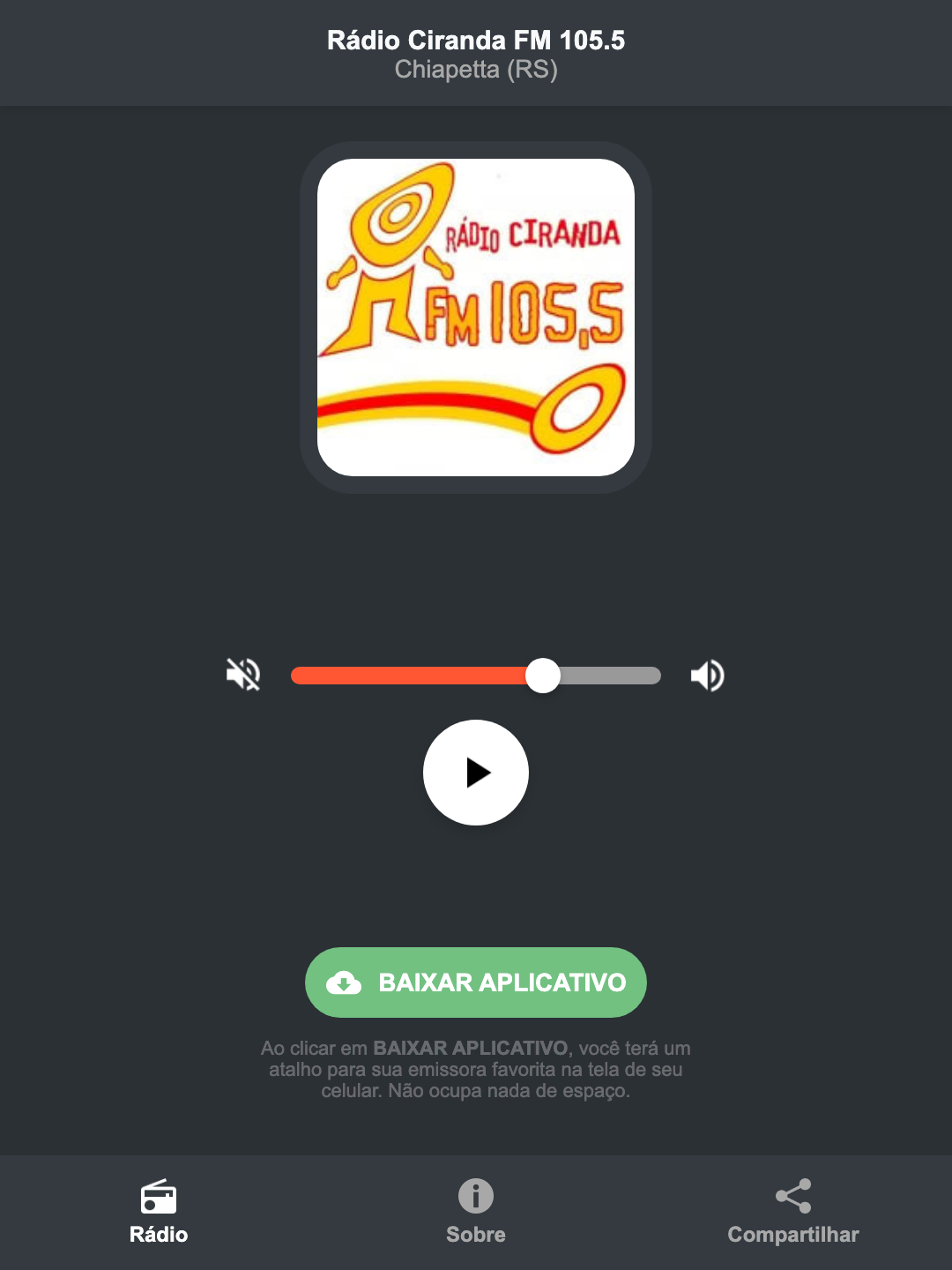 Screenshot do aplicativo da Rádio Ciranda FM 105.5
