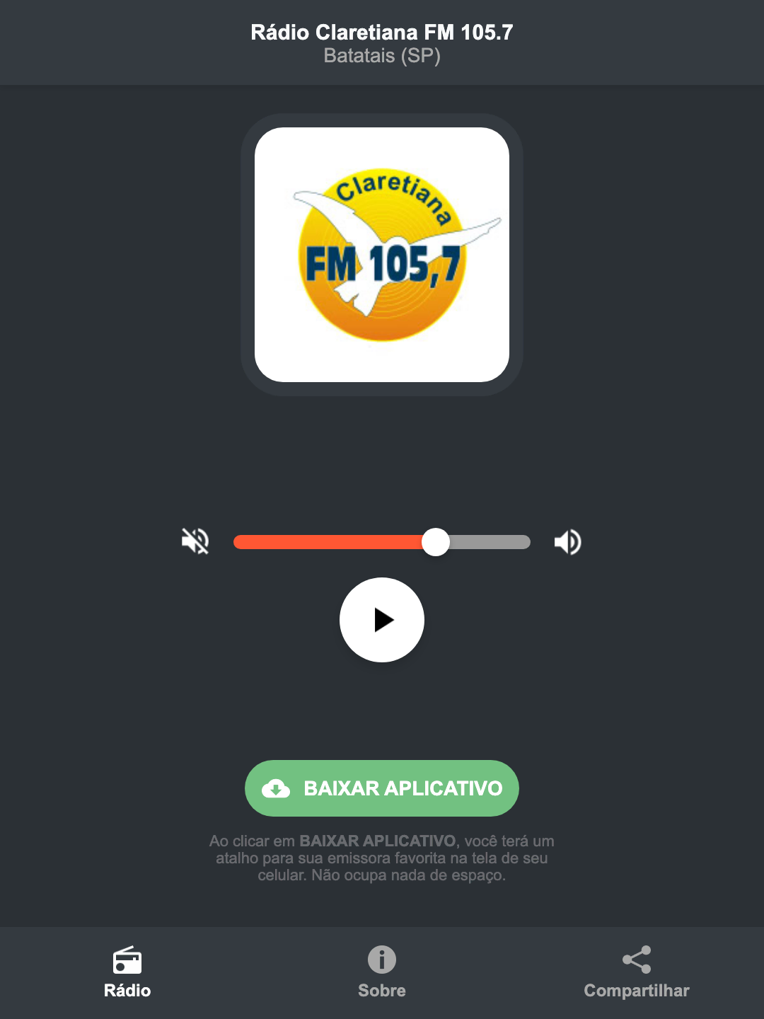 Screenshot do aplicativo da Rádio Claretiana FM 105.7