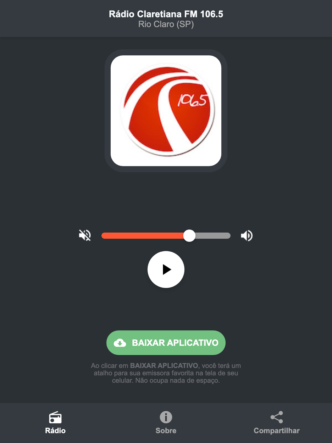 Screenshot do aplicativo da Rádio Claretiana FM 106.5