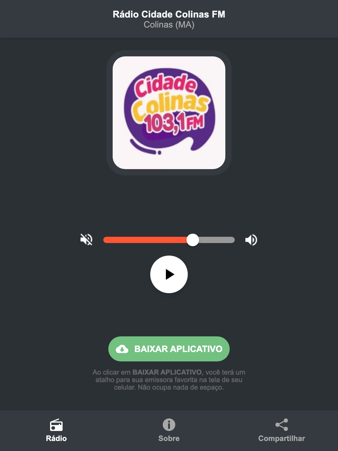 Screenshot do aplicativo da Rádio Cidade Colinas FM