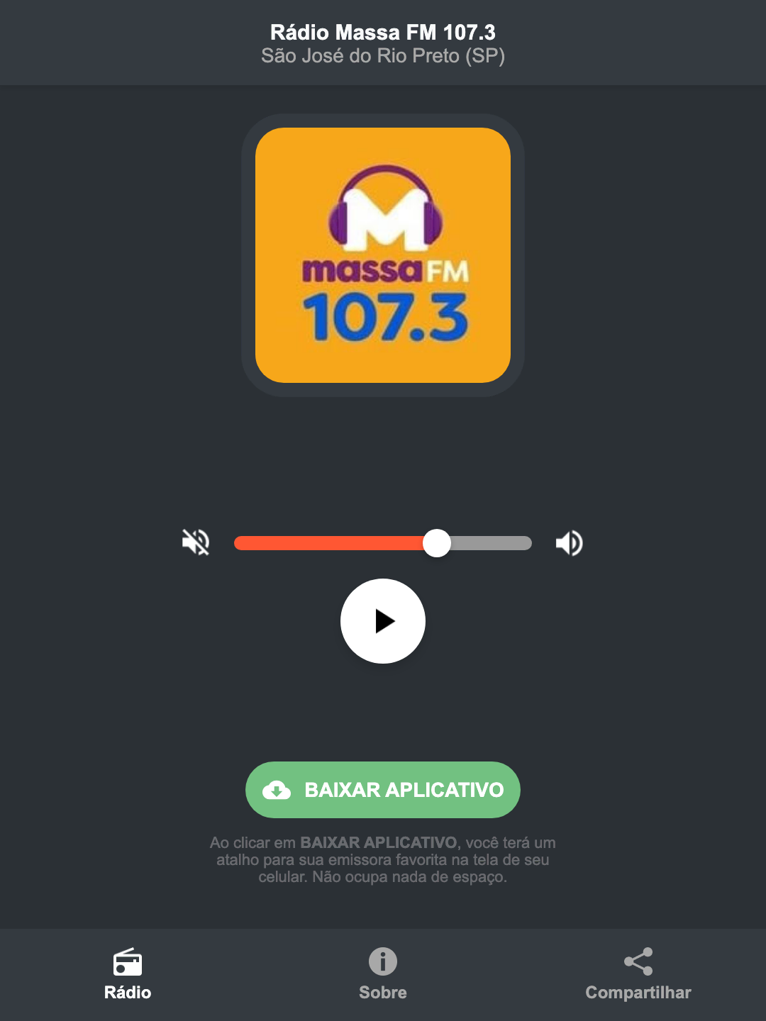 Screenshot do aplicativo da Rádio Massa FM 107.3