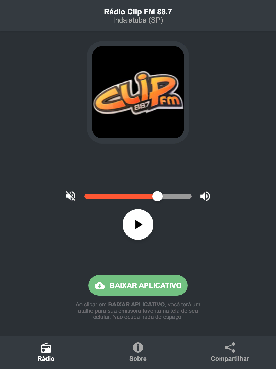 Screenshot do aplicativo da Rádio Clip FM 88.7