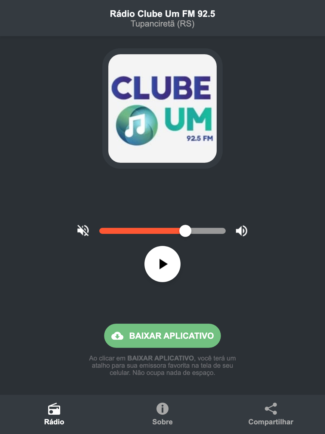 Screenshot do aplicativo da Rádio Clube Um FM 92.5
