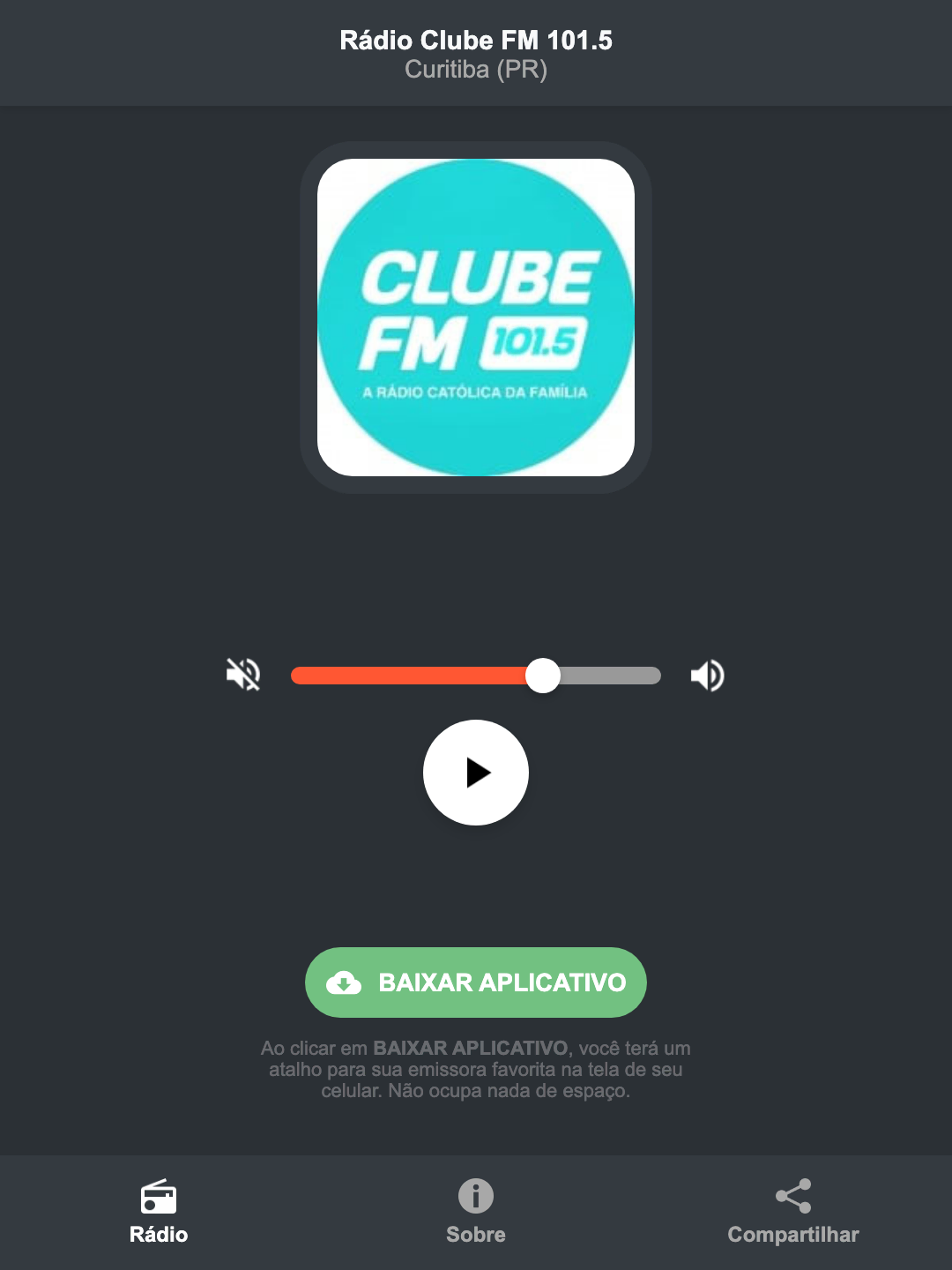 Screenshot do aplicativo da Rádio Clube FM 101.5