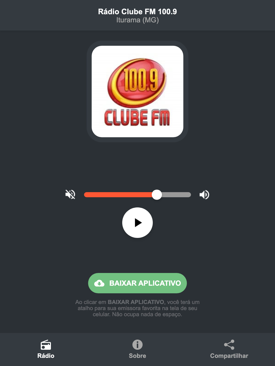 Screenshot do aplicativo da Rádio Clube FM 100.9