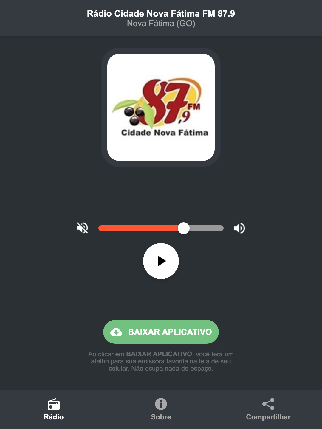 Screenshot do aplicativo da Rádio Cidade Nova Fátima FM 87.9