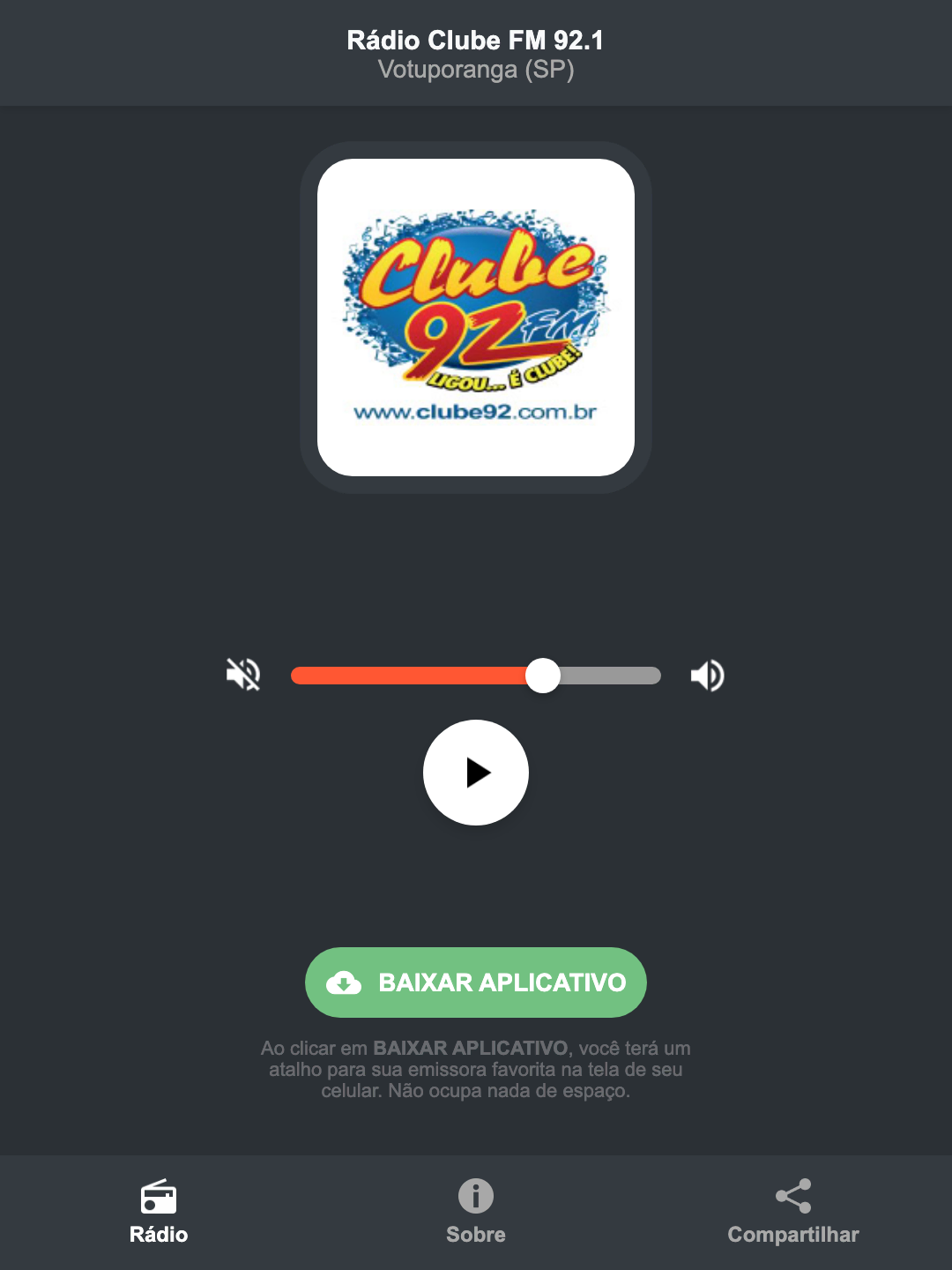 Screenshot do aplicativo da Rádio Clube FM 92.1
