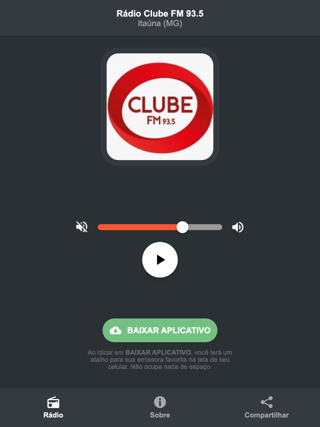 Screenshot do aplicativo da Rádio Clube FM 93.5