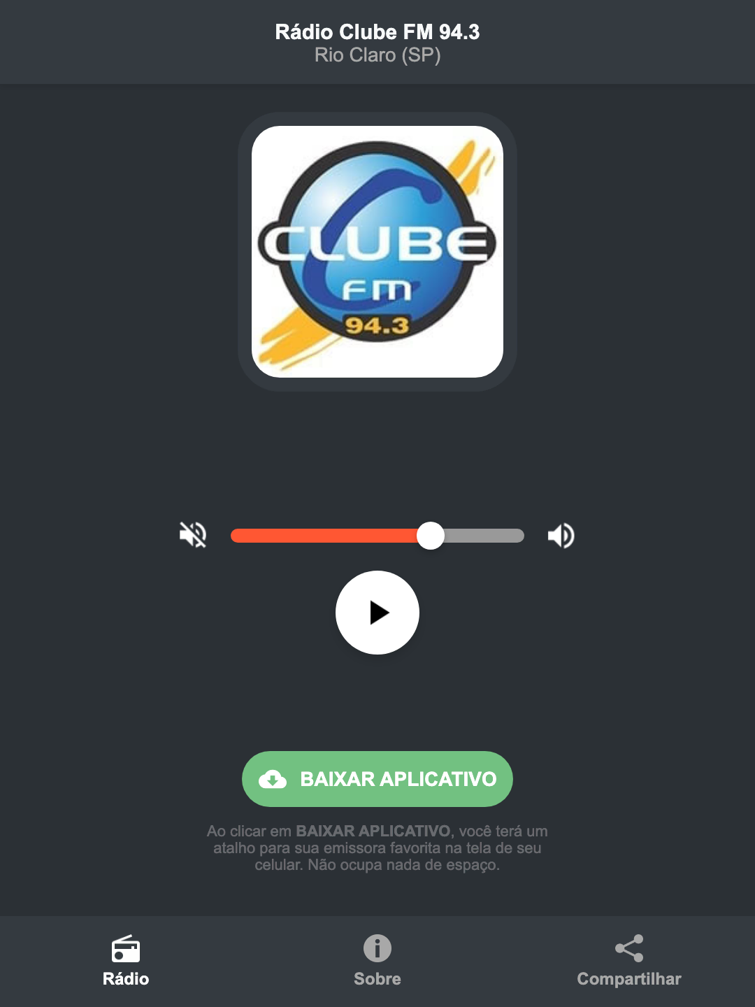Screenshot do aplicativo da Rádio Clube FM 94.3