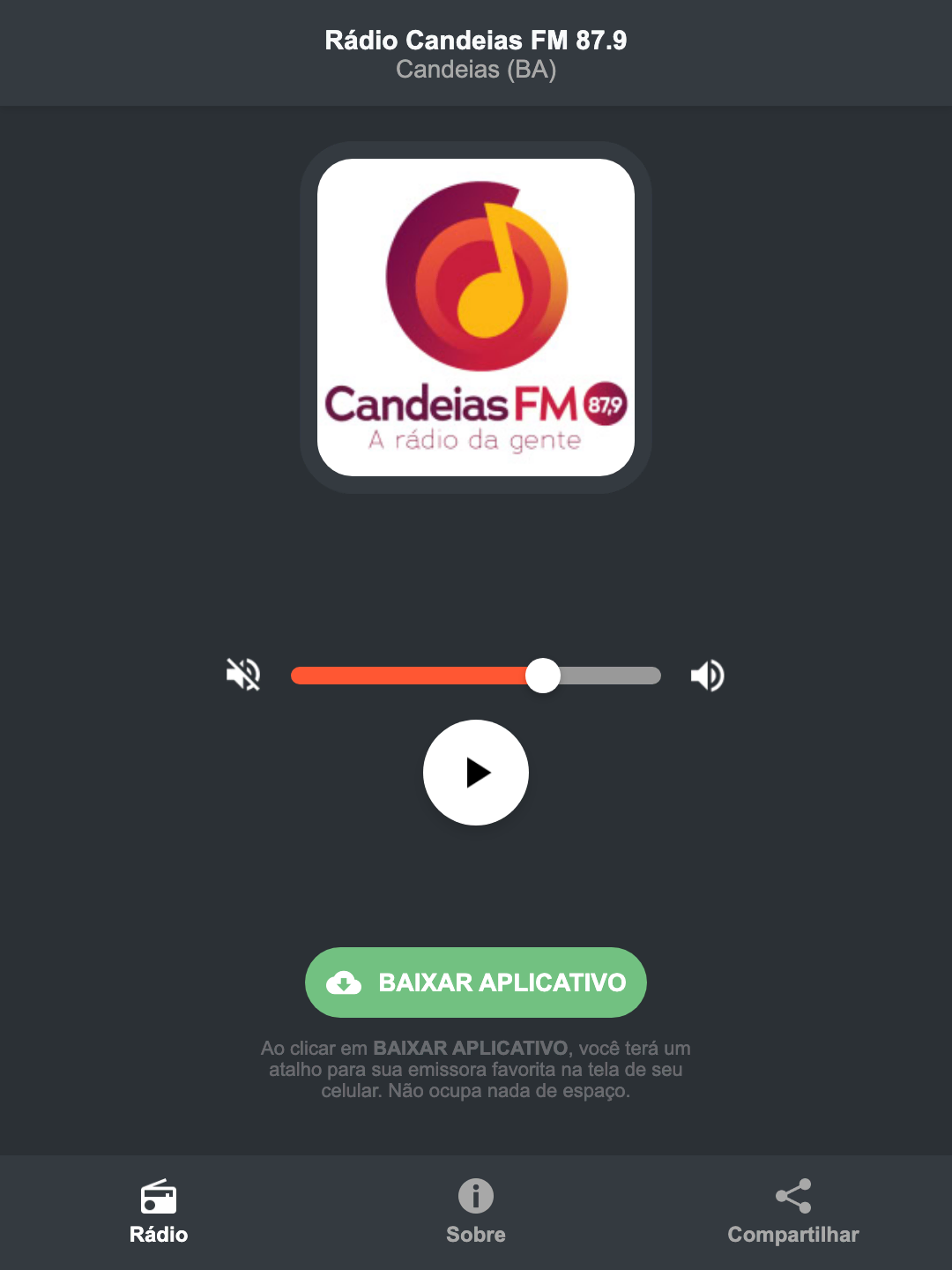 Screenshot do aplicativo da Rádio Candeias FM 87.9