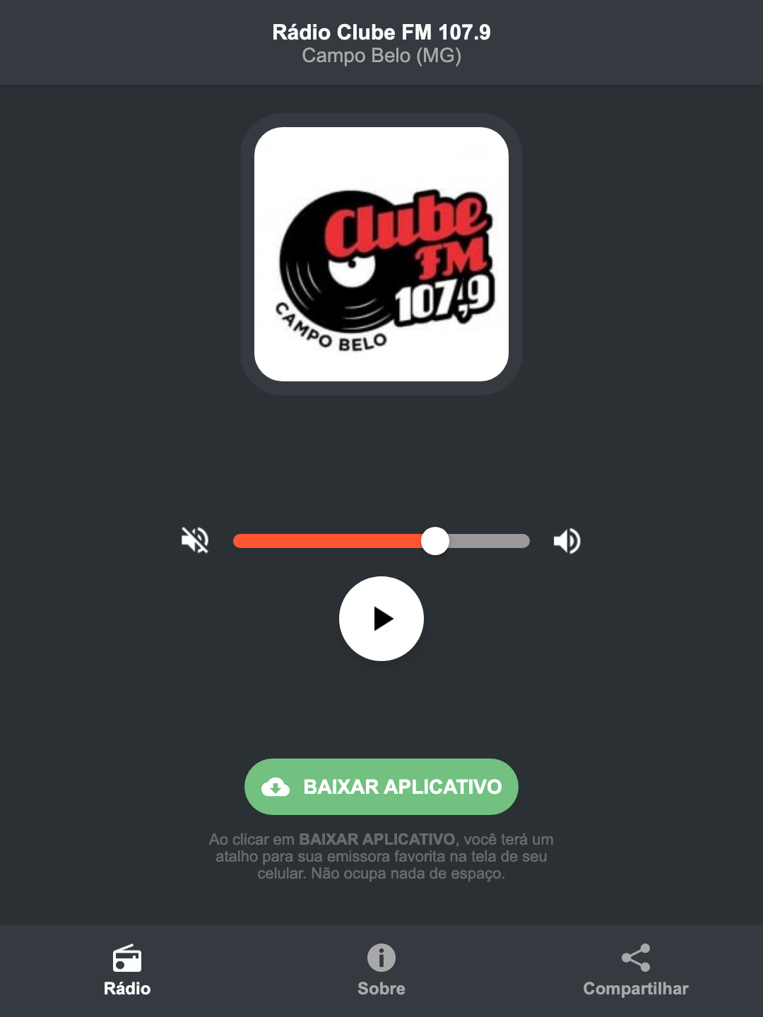 Screenshot do aplicativo da Rádio Clube FM 107.9